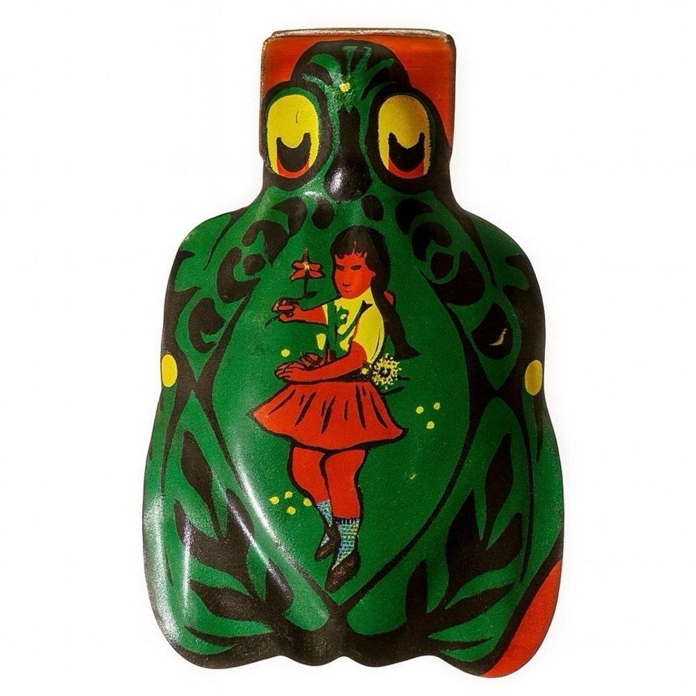 Vintage Tin Litho Clicker Green Frog - Japan Made Noisemaker
